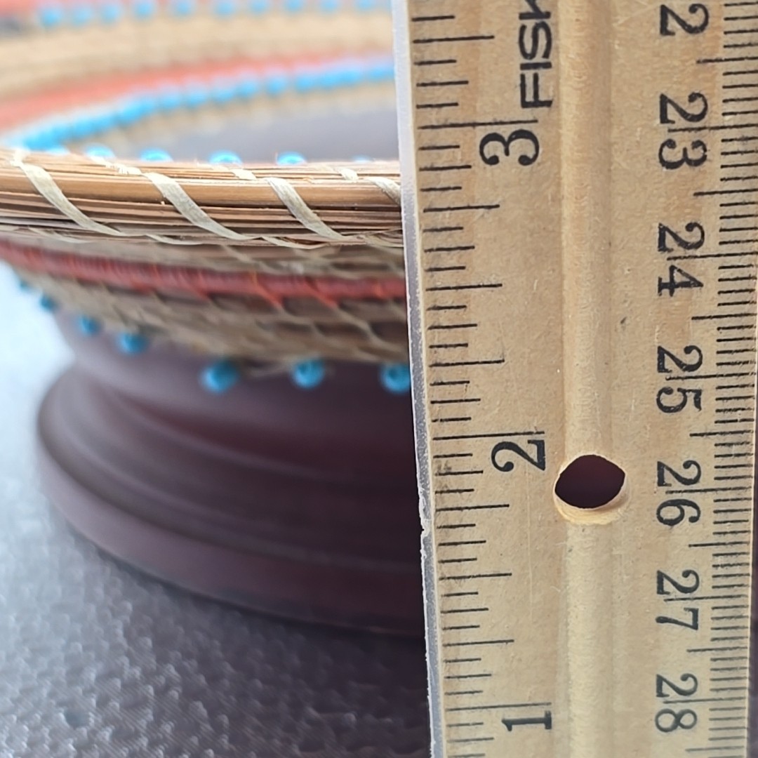 Vintage Handmade Beaded Pine Needle Basket Wood Base & Walnut Slices