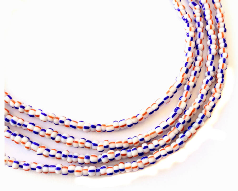 VIntage Ghana Orange blue stripes waist seed Beads Glass African Trade Beads