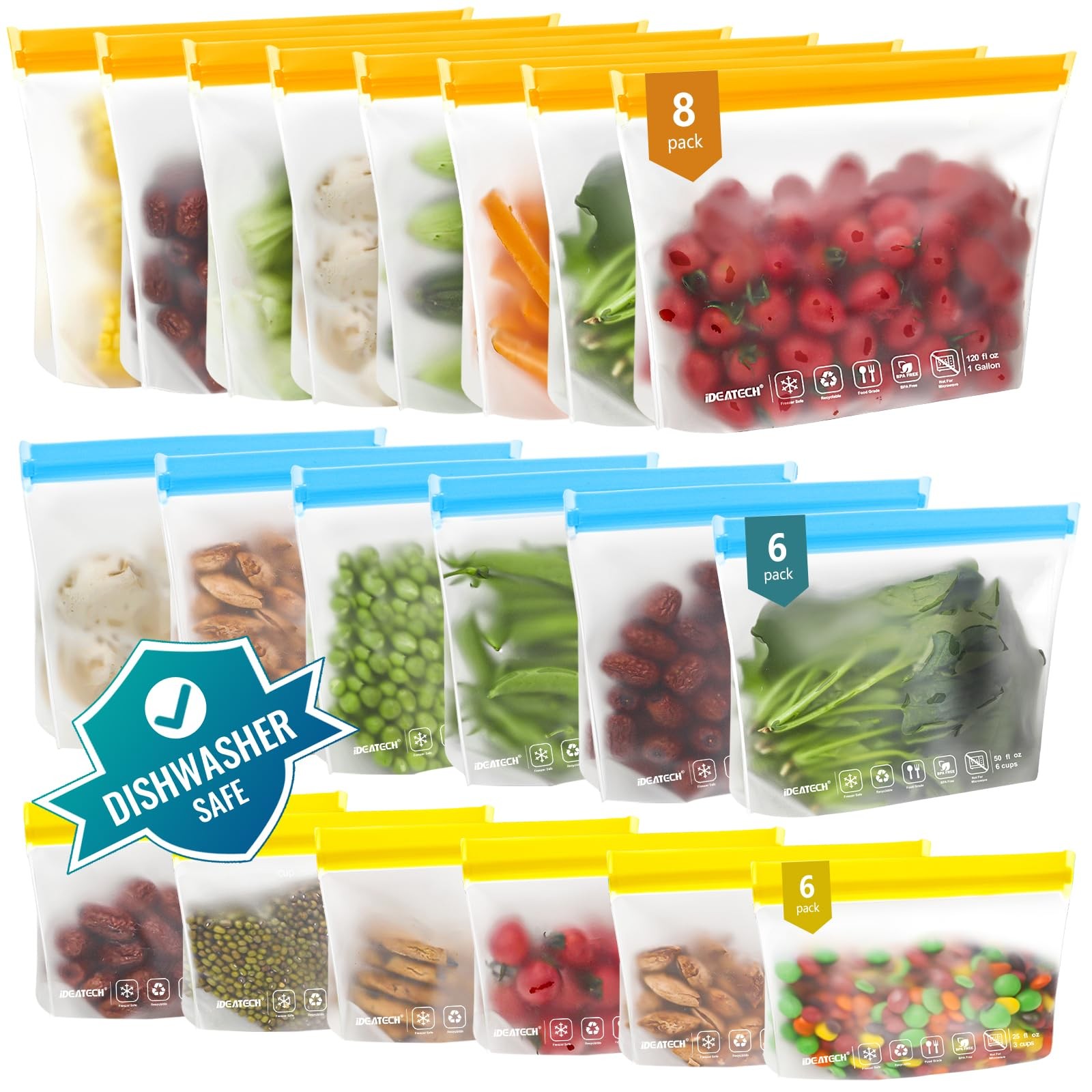 IDEATECH 20Pack Reusable Bags Dishwasher Safe, Leakproof Combo, Multicolor