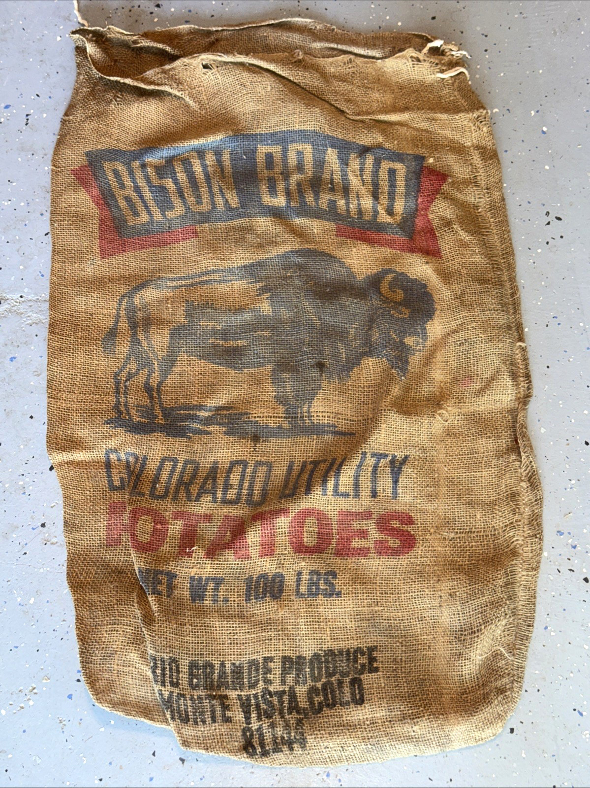 VTG Bison Brand Colorado Potatoes Burlap Bag 100 lbs Gunny Sack Rare Antique htf