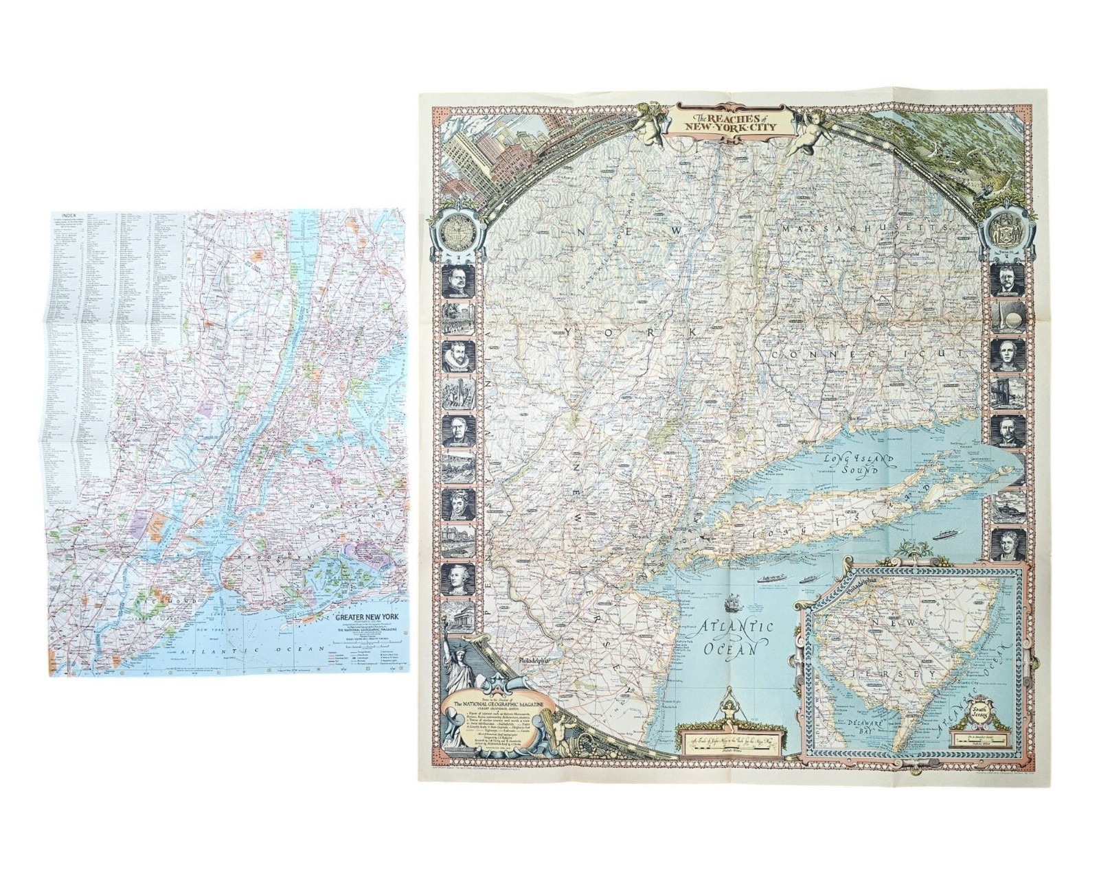 Vtg National Geographic Apr 1939 Reaches of New York City & 1964 Greater NY Maps