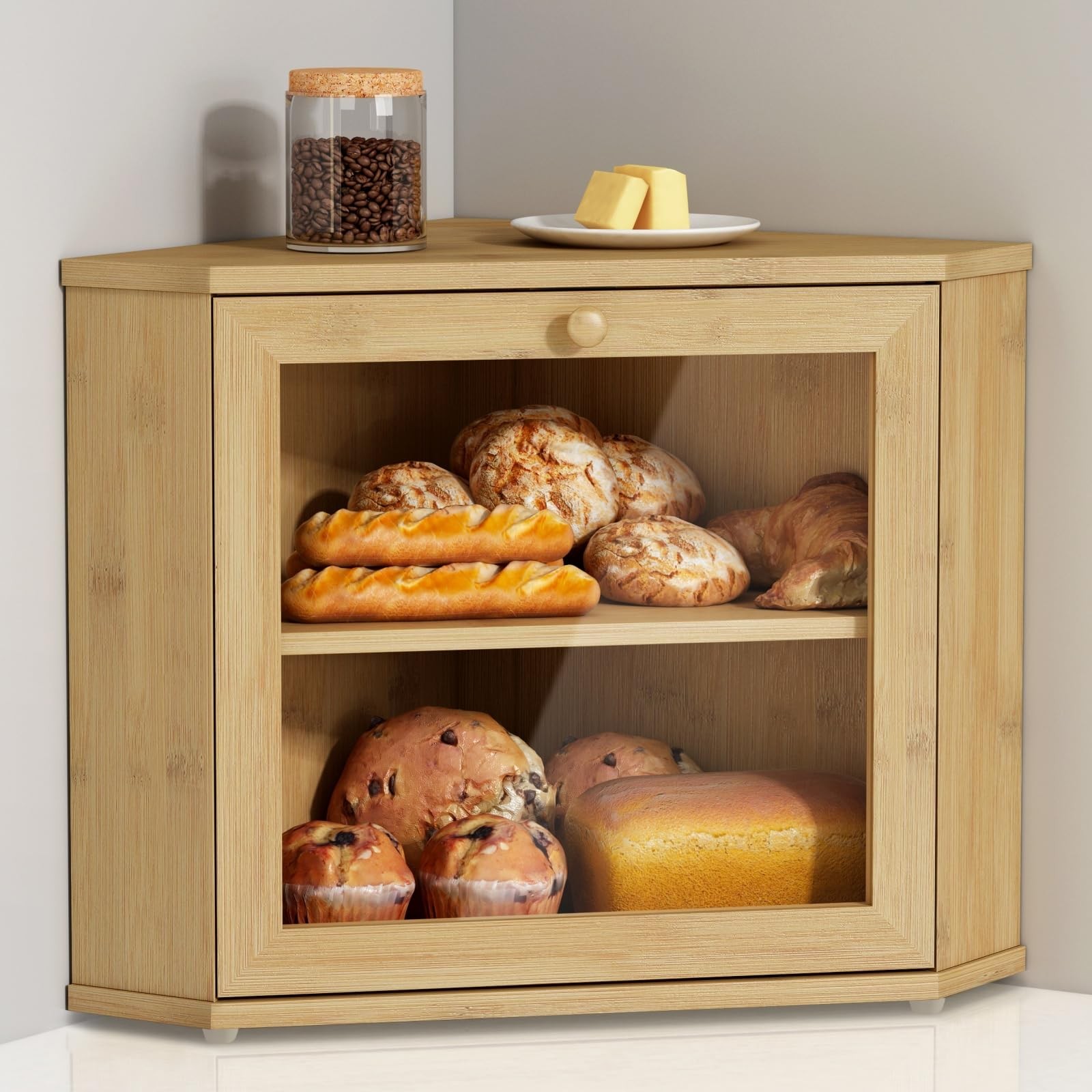 Bamboo Corner Bread Box for Kitchen Counter, 2 Tier Bread Keeper Wooden Round…