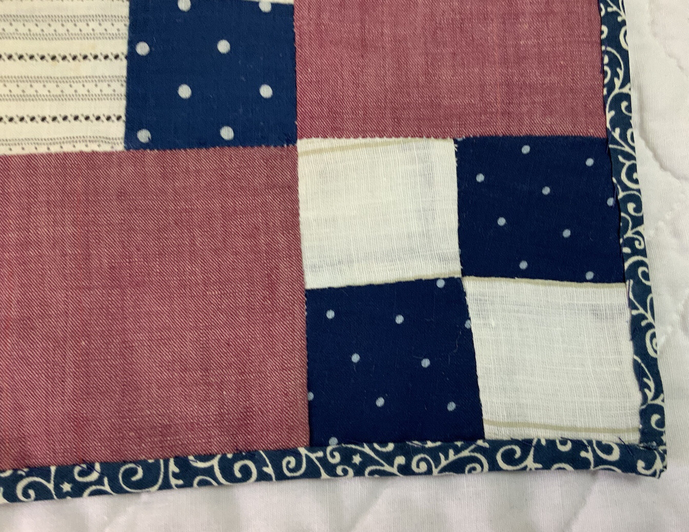 Antique Vintage Patchwork Quilt Table Topper, Four Patch, Early Calico Prints
