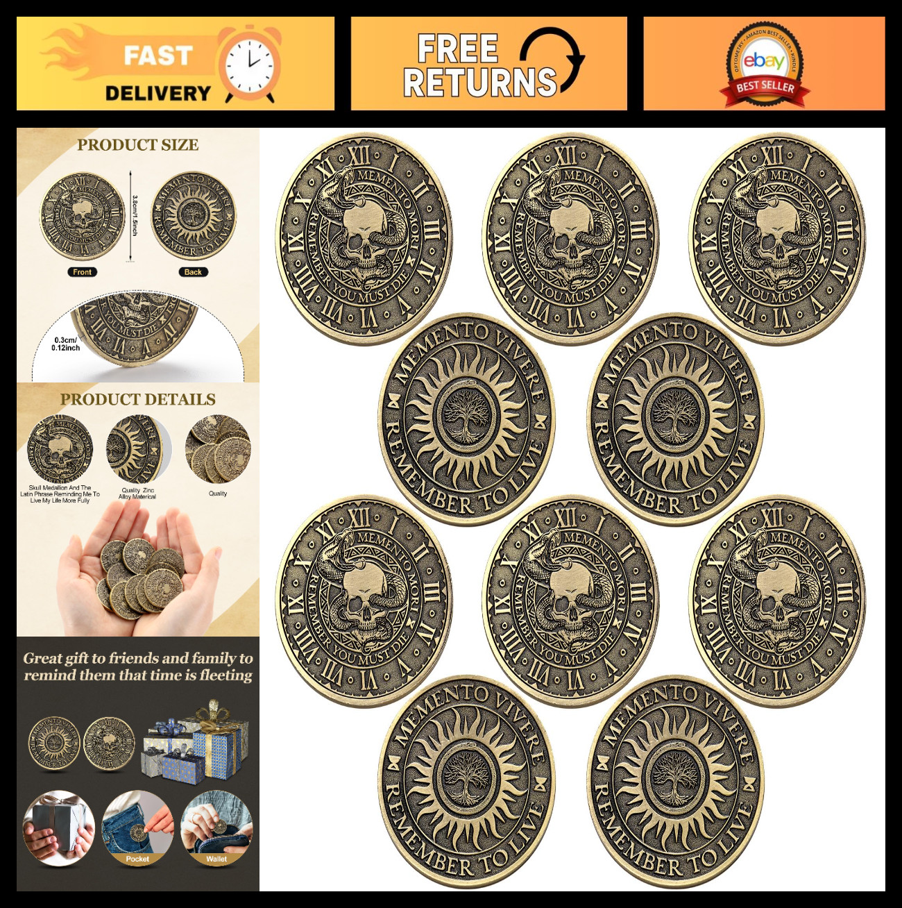 10 Pcs Memento Mori Coins – Metal Skull Challenge Tokens, Stoic Reminder Medalli