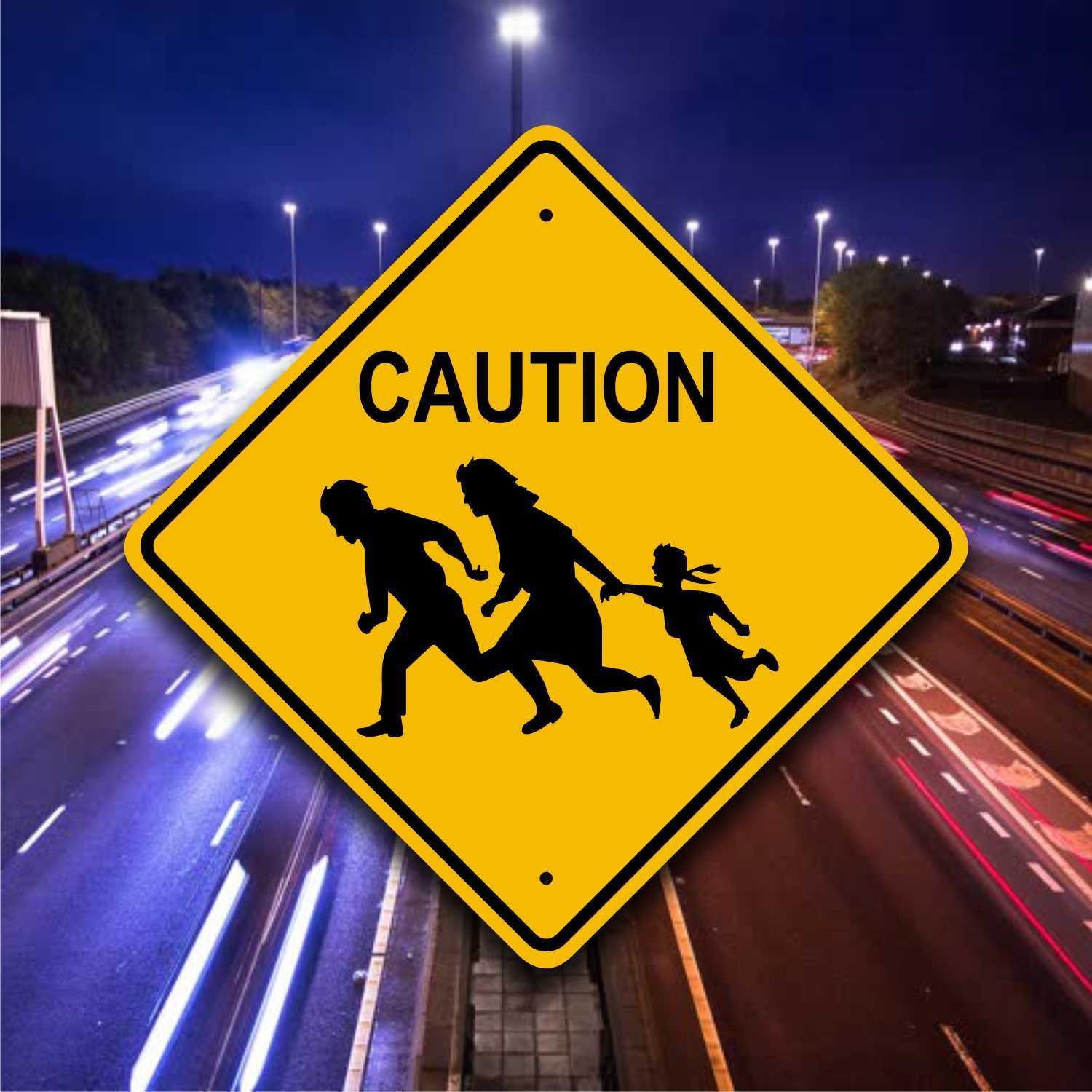 IMMIGRANT CROSSING SIGN – Family Running On Highway Plaque – Fun Safety Marker