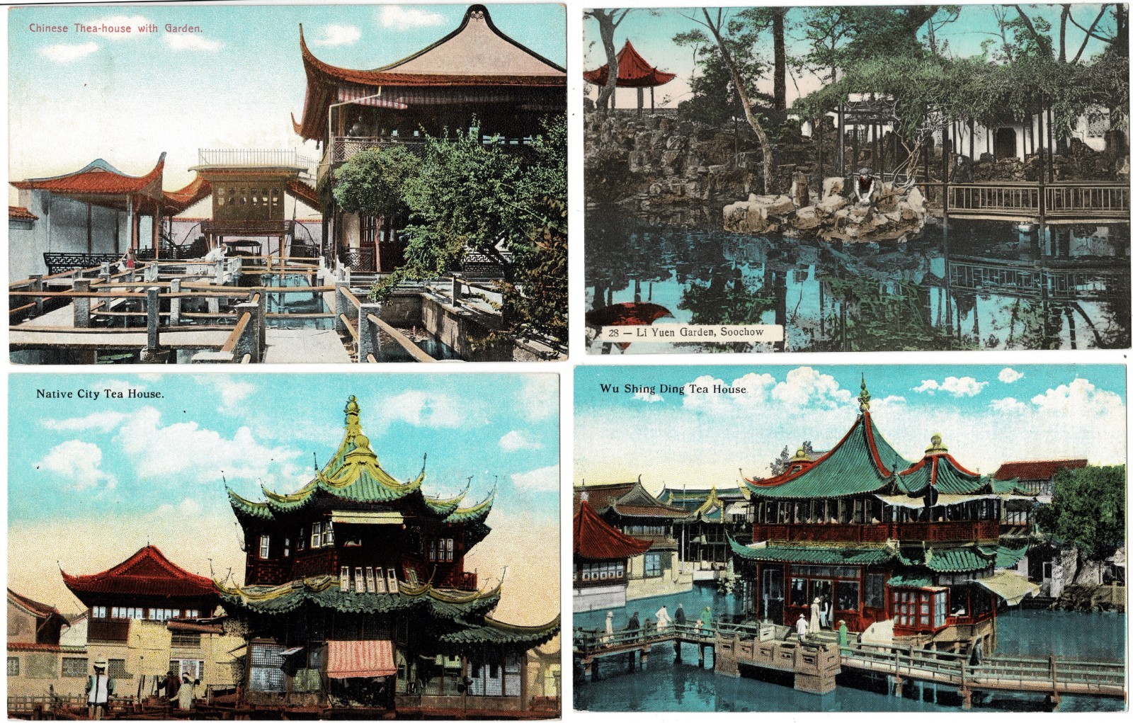 Lot 4 Vintage Postcards China Tea Houses Shanghai Soochow Gardens