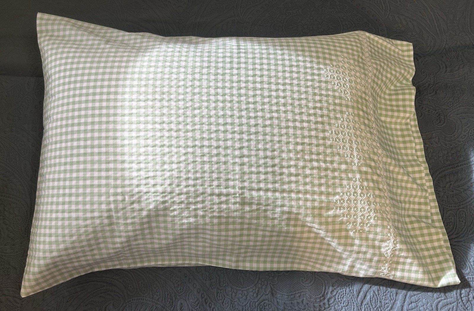 Single Pillowcase Sage Gingham Hand Embroidered Polyester/Cotton Blend NWOT