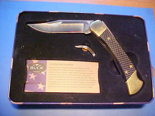 CUSTOM BUCK 110 KNIFE FAMILY EDITION CARBON FIBER HANDLE TIN BOX PIN SHEATH CARD