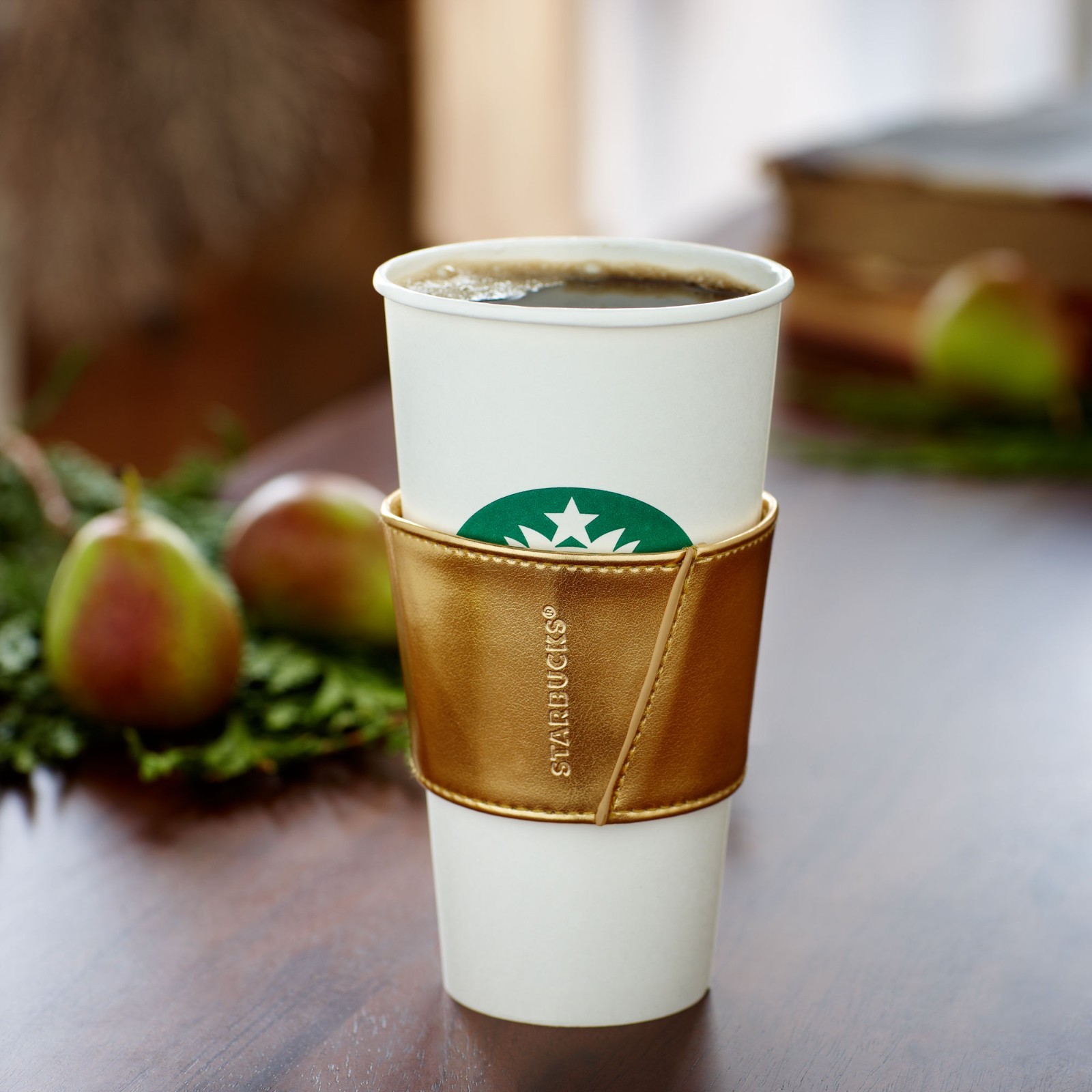 Starbucks Faux Leather Reusable Cup Sleeve Shiny Gold with Printed Brand New