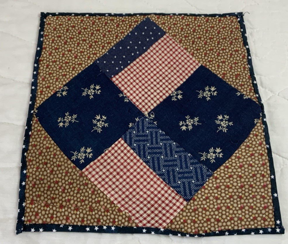 Antique Patchwork Quilt Table Topper, Four Patch, Early Calicos, Brown, Navy
