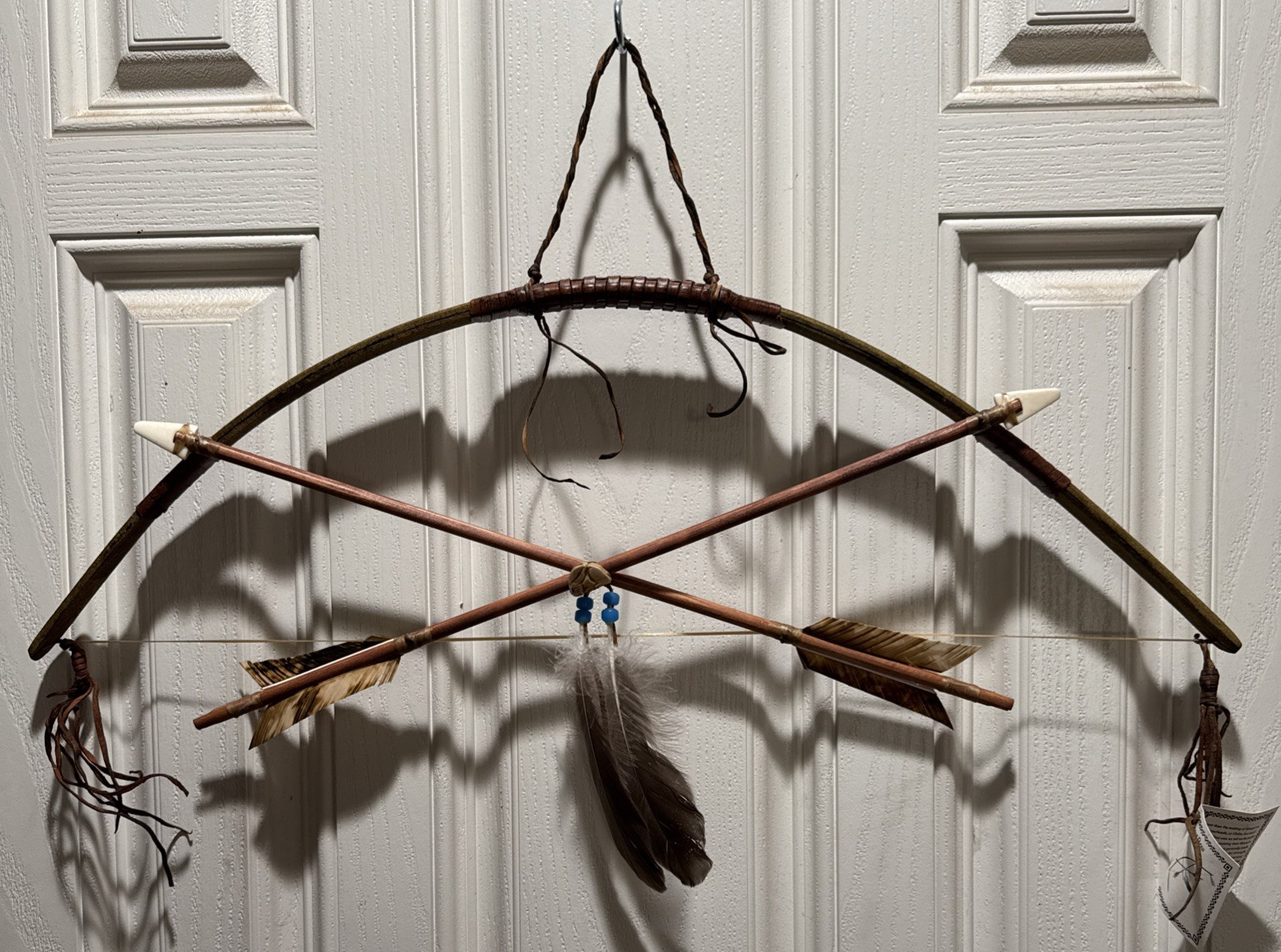 Native American Bow And Arrow Set 26″ long w/2 Arrows Feathers beads leather