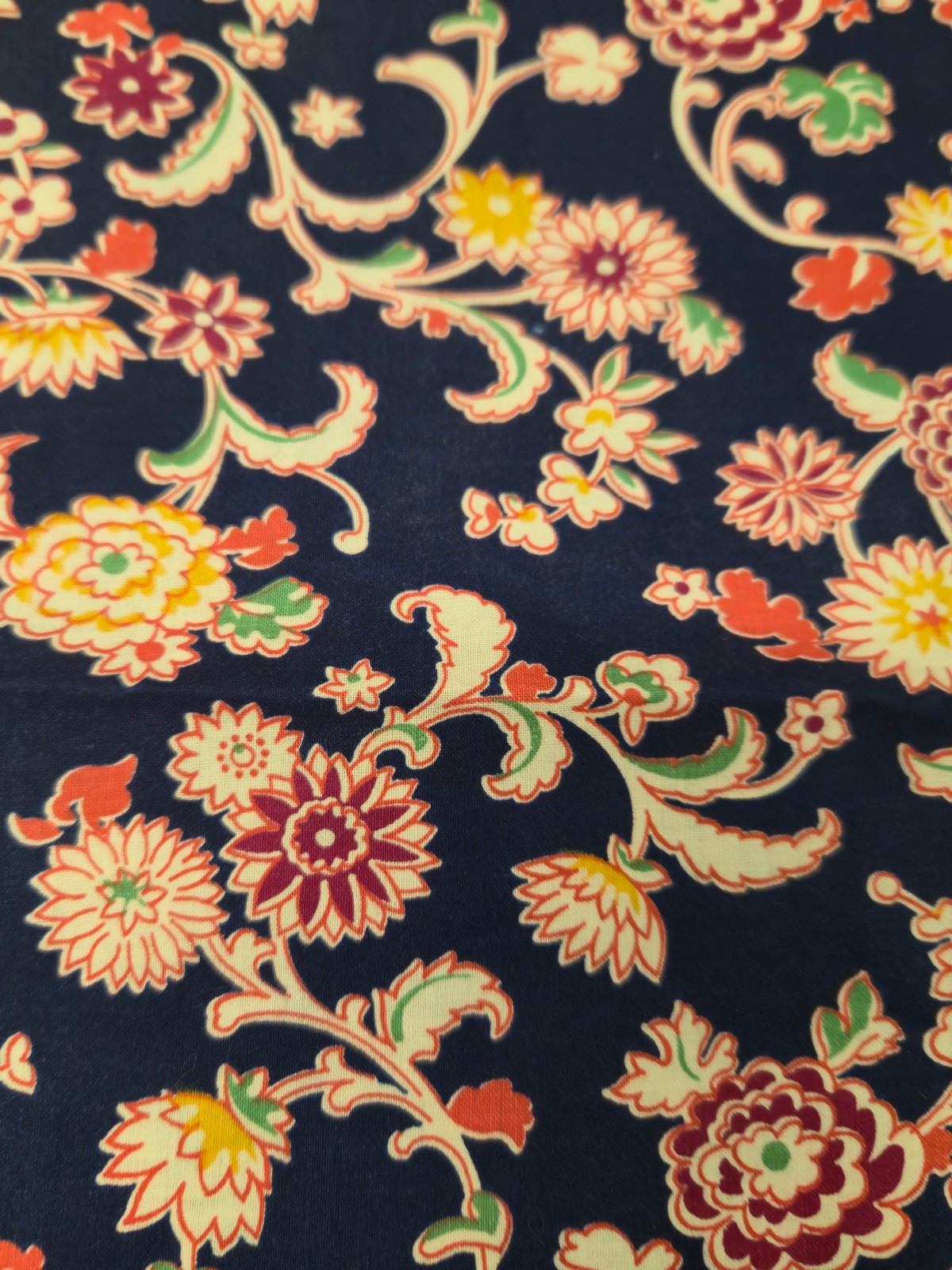 29″ wide x 39″ Vintage COTTON Quilt FABRIC Navy Blue Pink Jacobean Floral