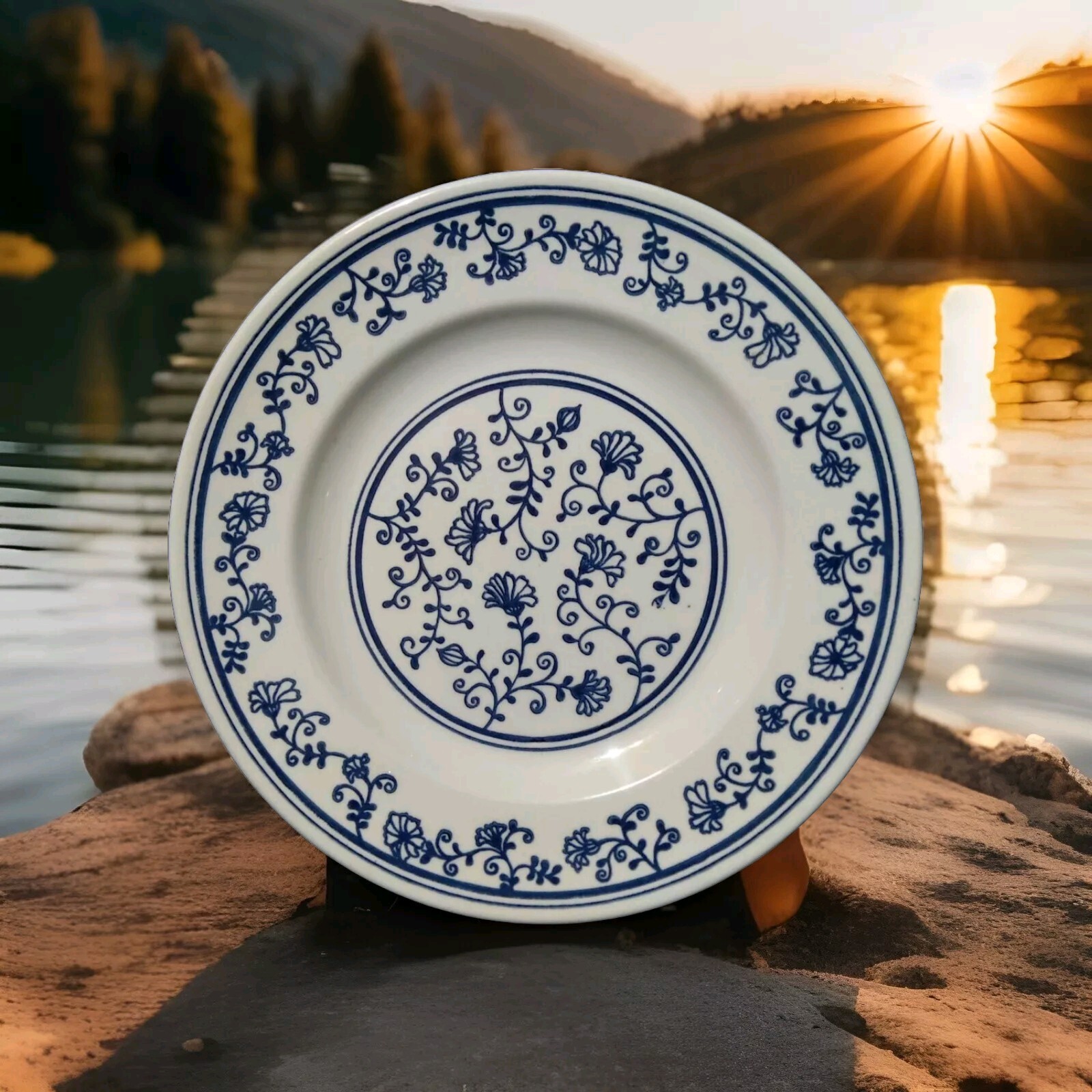 Homer Laughlin Sturbridge Cobalt Blue White Floral Stoneward Dinner Plate 10.25″
