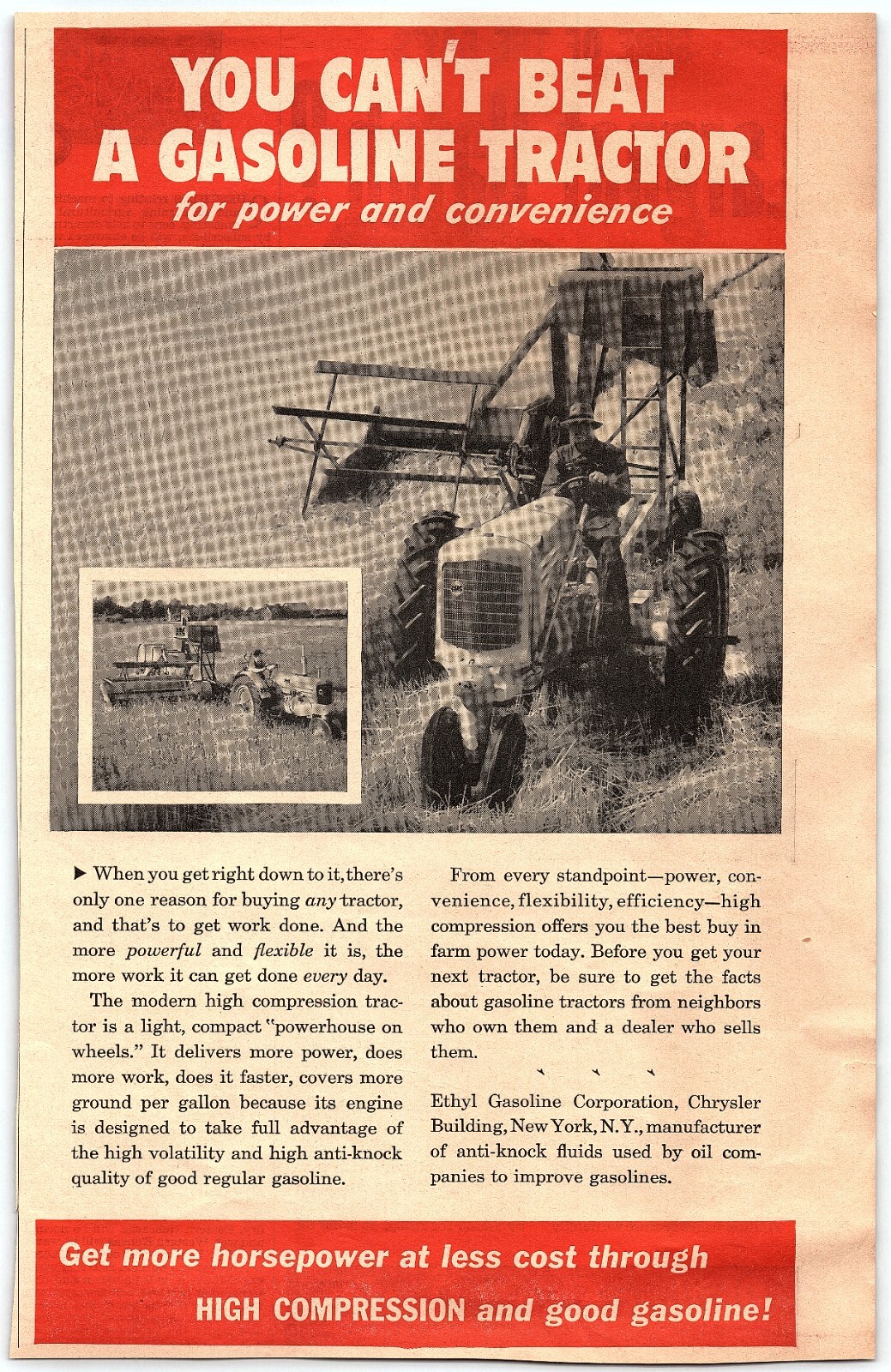 1941 ETHYL GASOLINE CORP CAN’T BEAT A GASOLINE TRACTOR PRINT ADVERTISEMENT W136