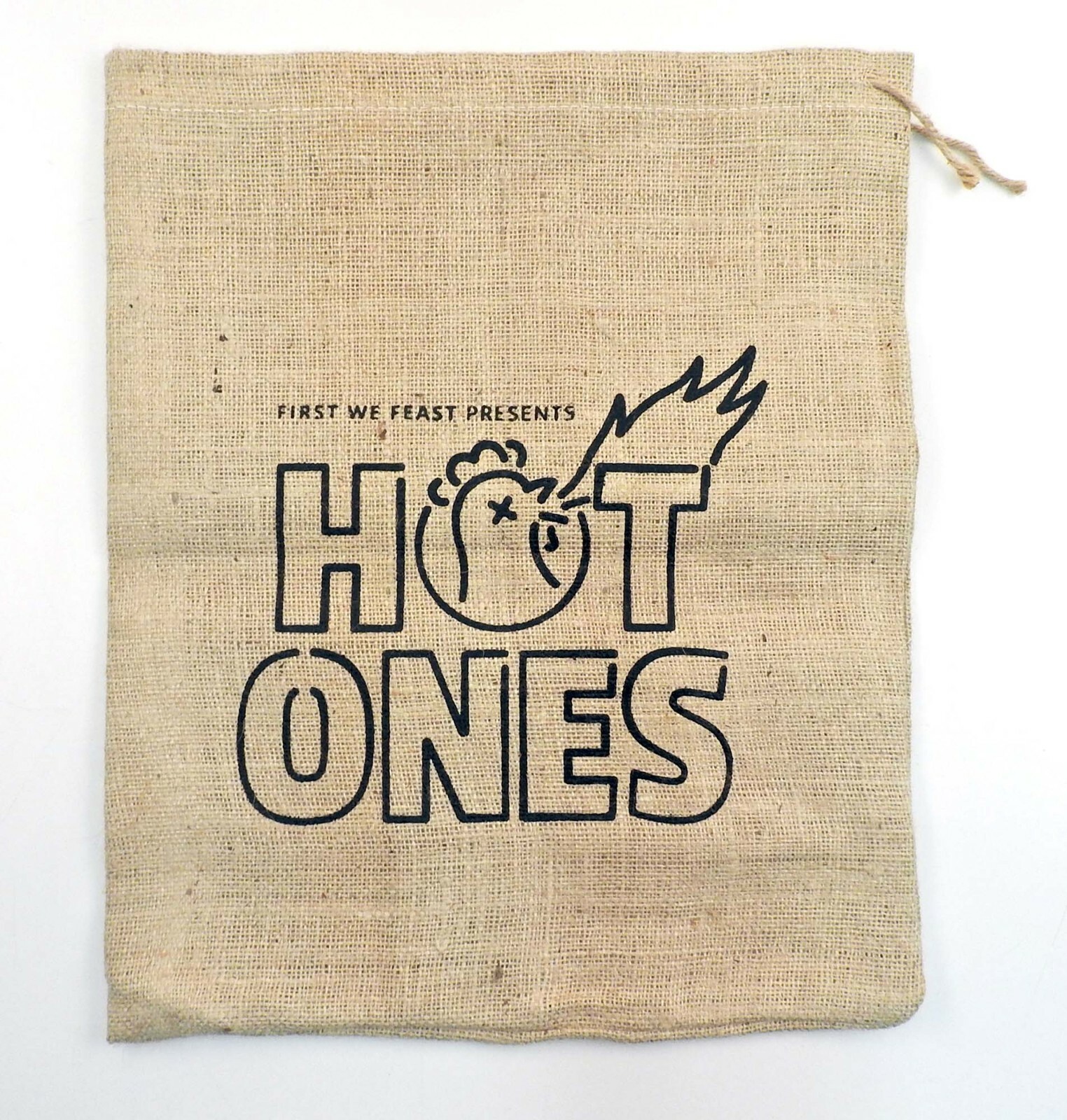 HOT ONES Jute/Burlap drawstring bag 15 x 18″h, Made in USA, First We Feast