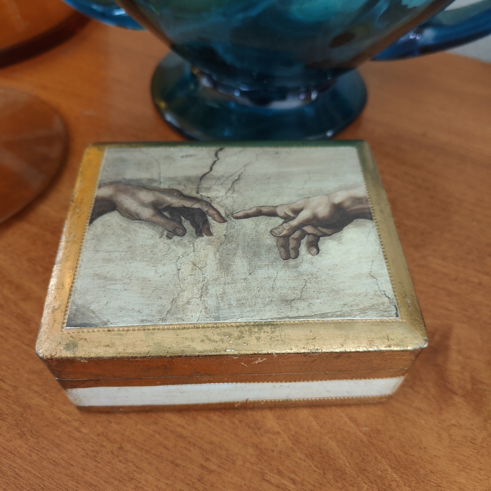 Vintage Italian Florentine Wood Hinged Trinket Box 4.5 x 3.5×2″ Creation Of Adam