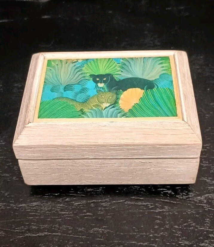 Jungle Cats Tile Topped Velvet Lined Wooden Jewelry Keepsake Box 3.5″