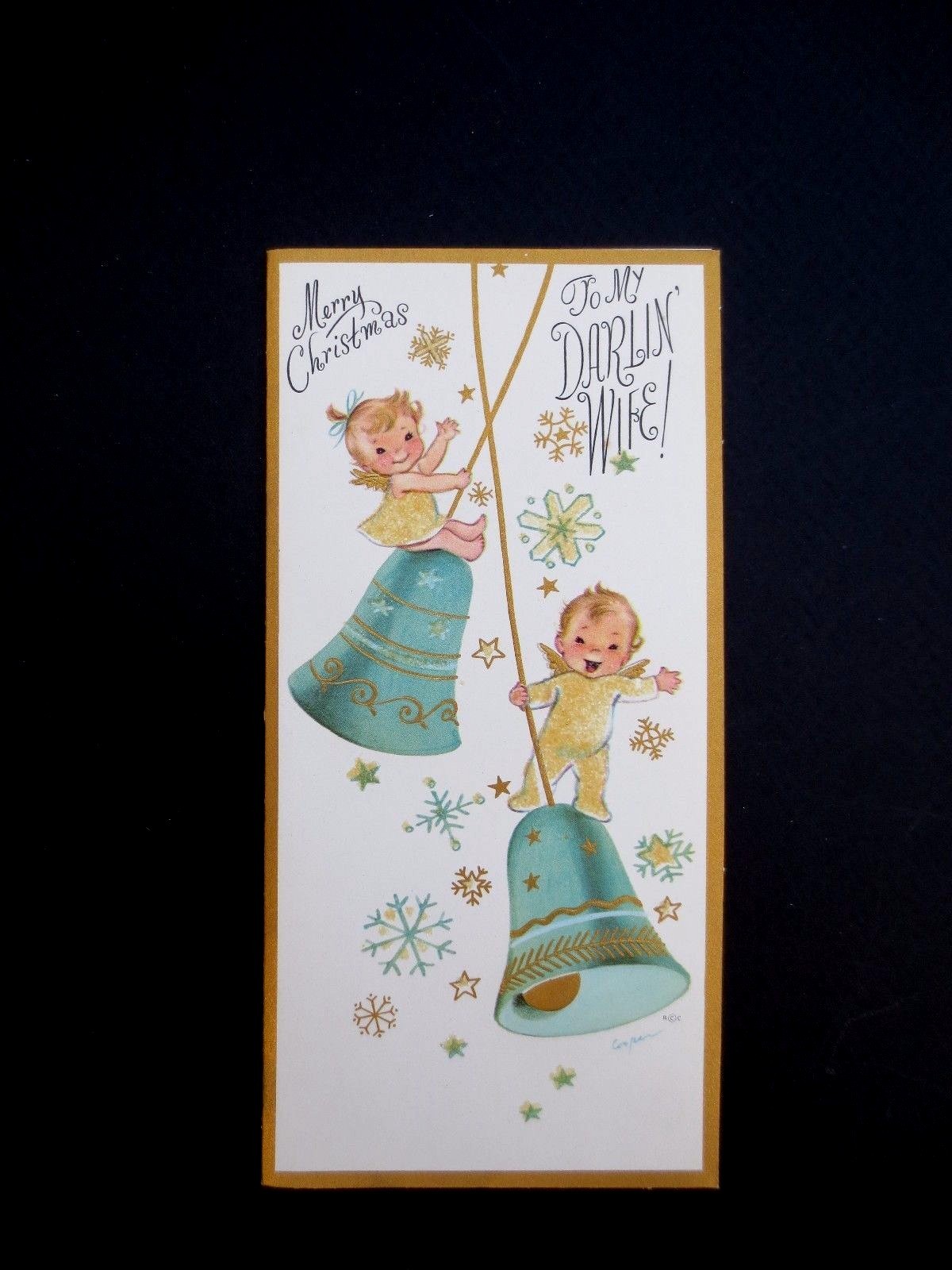 1 VTG NOS Glittered Marjorie Cooper Xmas Greeting Card Angels Swinging on Bells