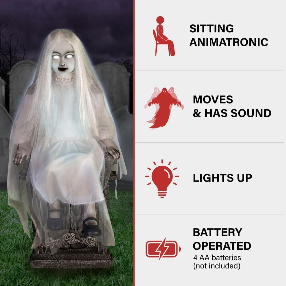 4 Ft . Motion-Activated Sitting Tombstone Girl Premium Talking Halloween Décor