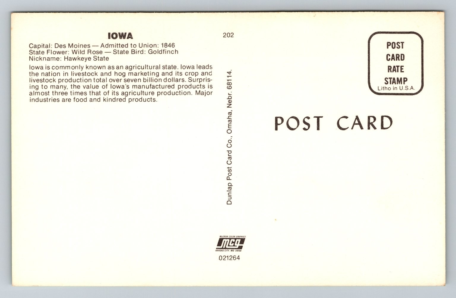Dunlap Post Card Co. Iowa State Map Postcard Photochrome 1939-Now