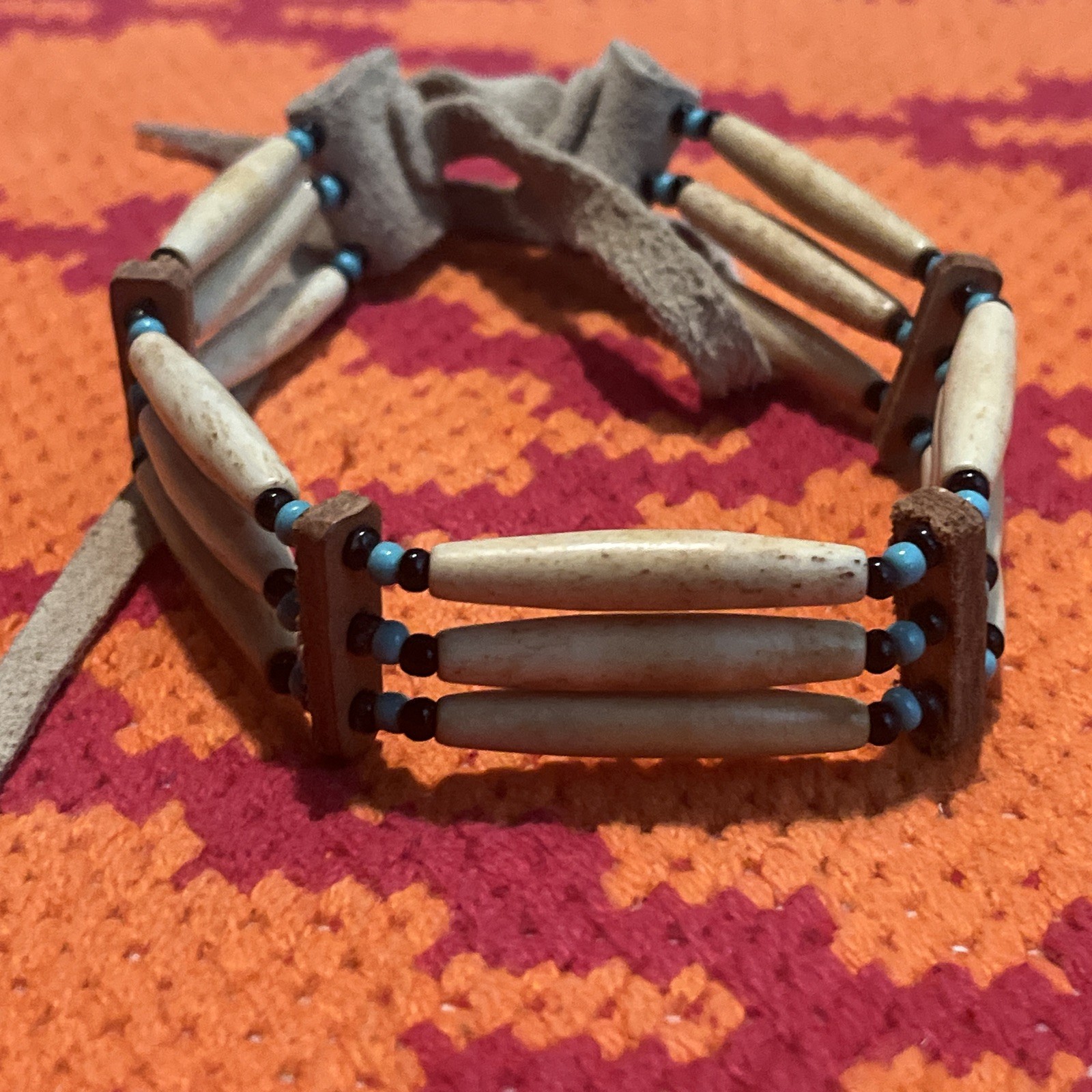 Native American Style Handmade~Bone & Bead Choker Necklace with Leather Ties