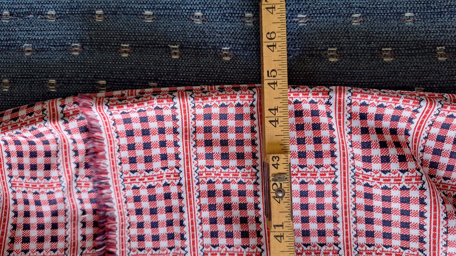 Vintage Double Knit Polyester Red White and Blue Fabric 2.5yd x 60″ Tablecloth