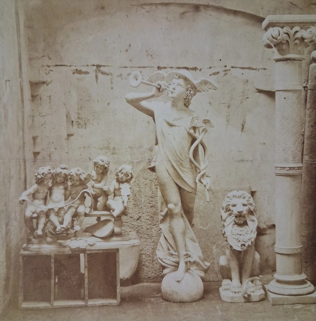 1880s-90s Victorian Photo Statue HERMES Lion Children Sepia Archeology 5.5″x5″