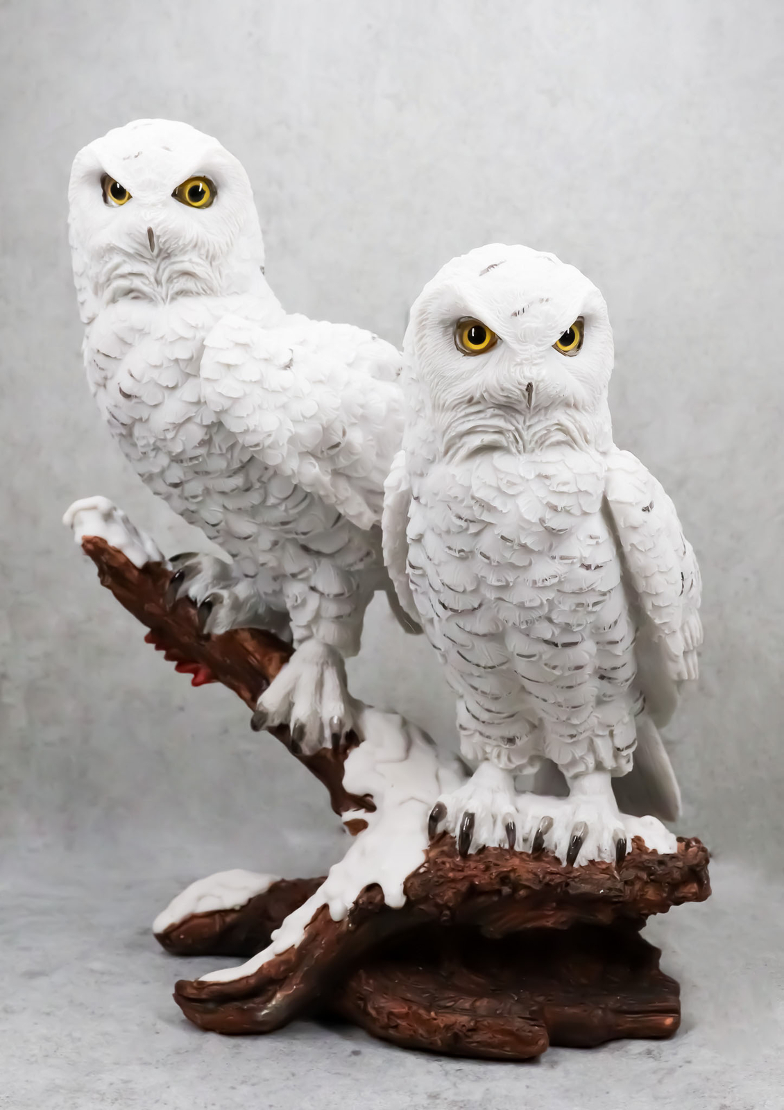 Mystical Two White Snowy Owl Couple Perching On Tree Branch Statue 12.25″Tall