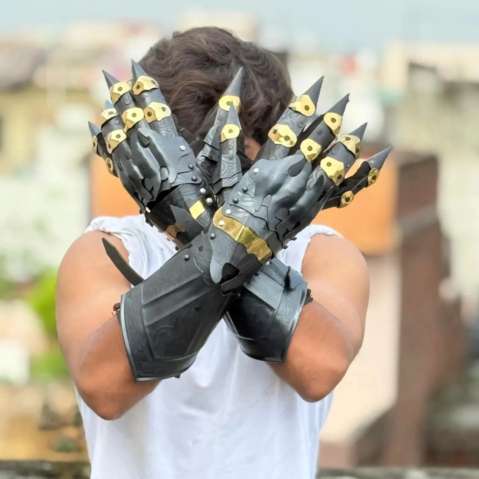 Nazgul Gauntlets Handcrafted Blackened Brass Coated Gothic Glove Pair
