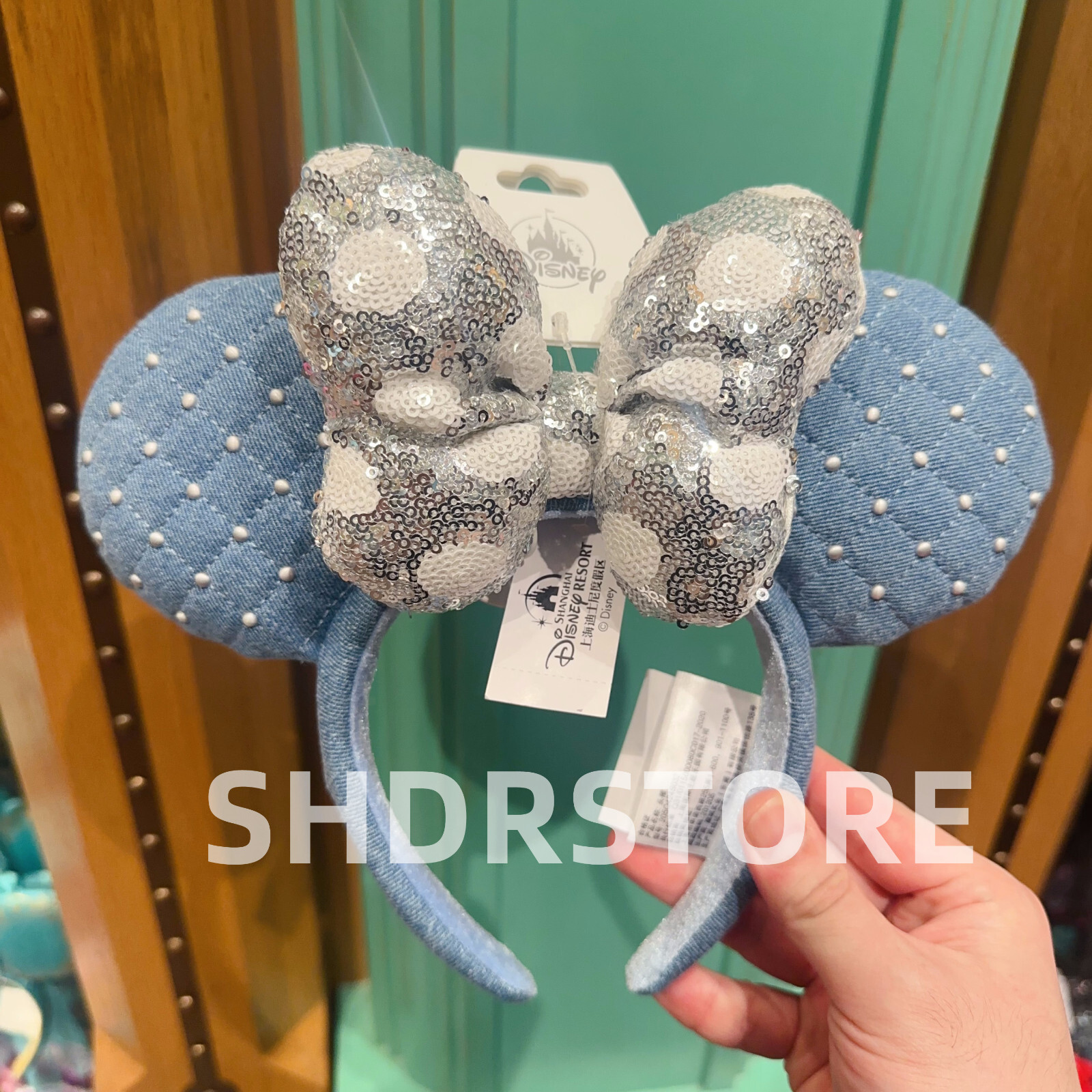 Disney authentic 2024 blue denim minnie mouse ear bow Headband disneyland
