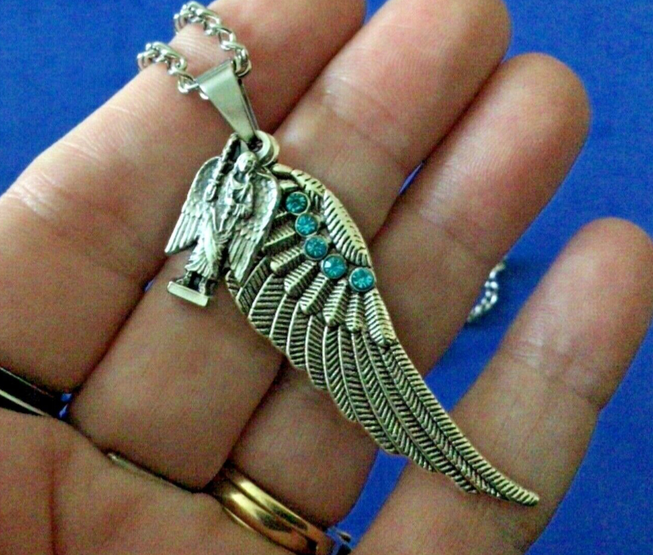ARCHANGEL St MICHAEL Saint Medal NECKLACE Pendant Angel Wing Protection Blue