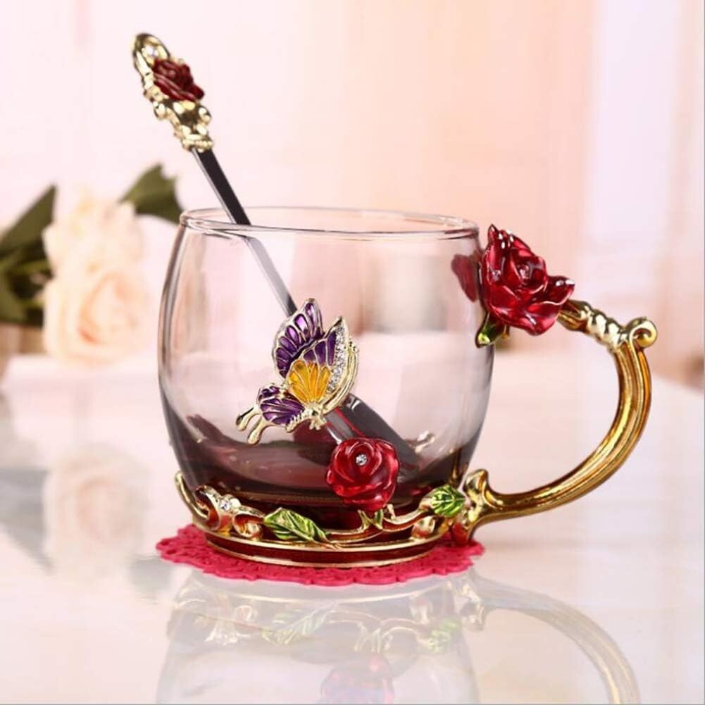 Crystal Glass 3D Flower Cups Tea Mug With Spoon (Hand Wash Only)6″W x 5″H