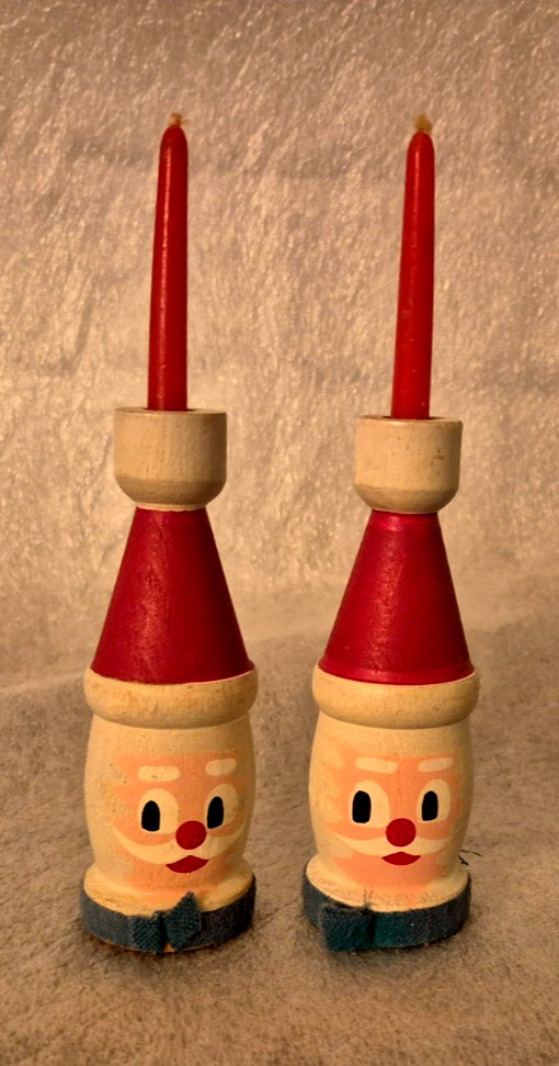 Handmade wood Santa candle holder set hand painted red hat with candle