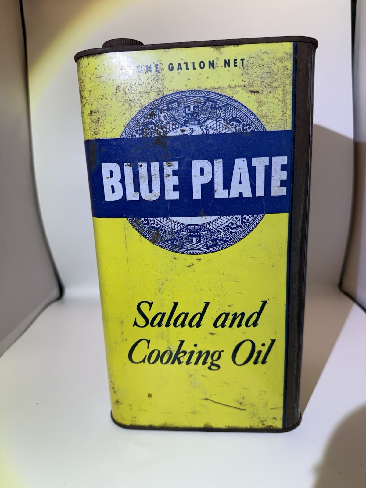 Rare Blue Plate Tin Cooking Oil 1 Gal Blue Willow
