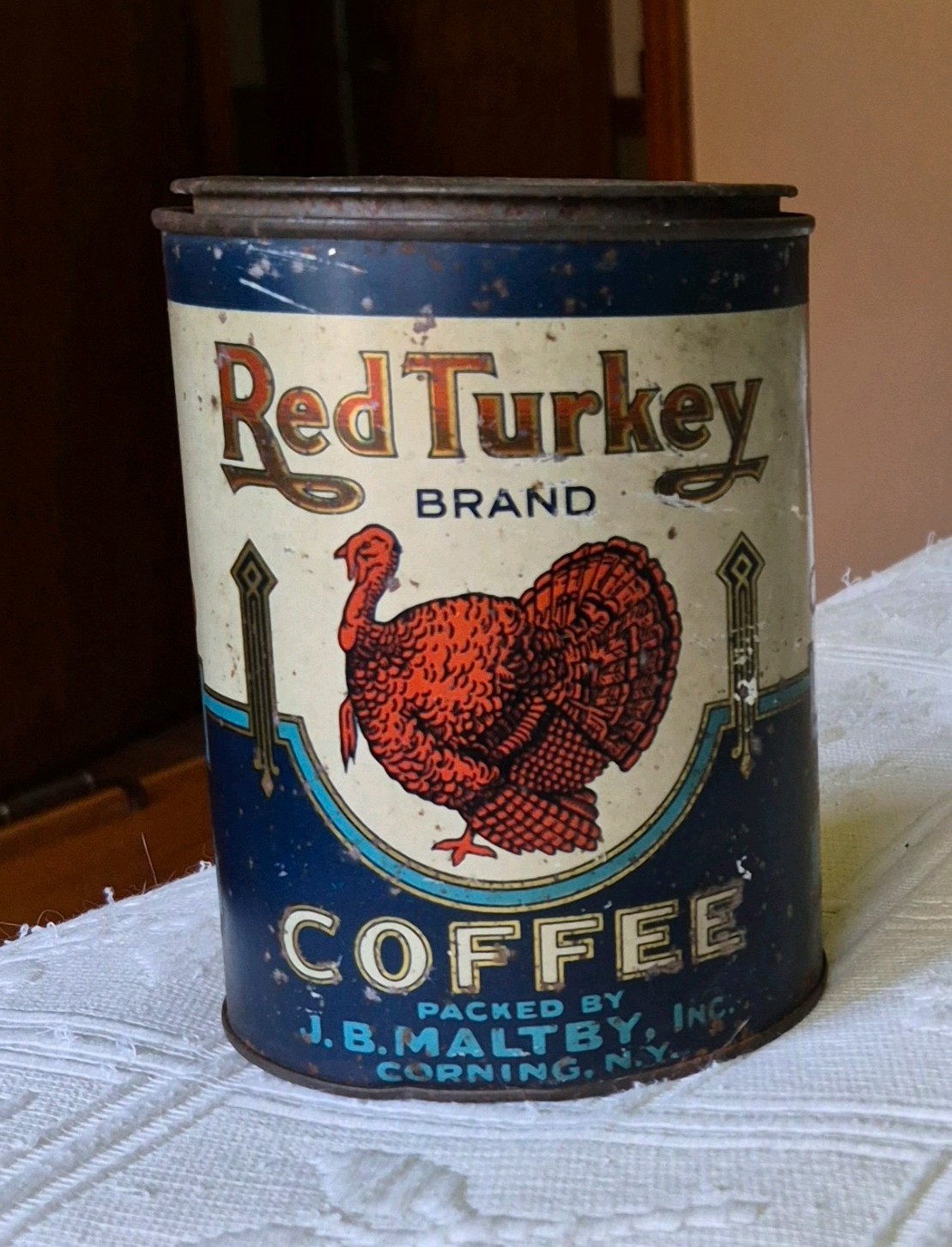 Antique, Red Turkey Coffee Tin can 1 lb, J.B. Maltby Inc., Corning, NY, Vintage
