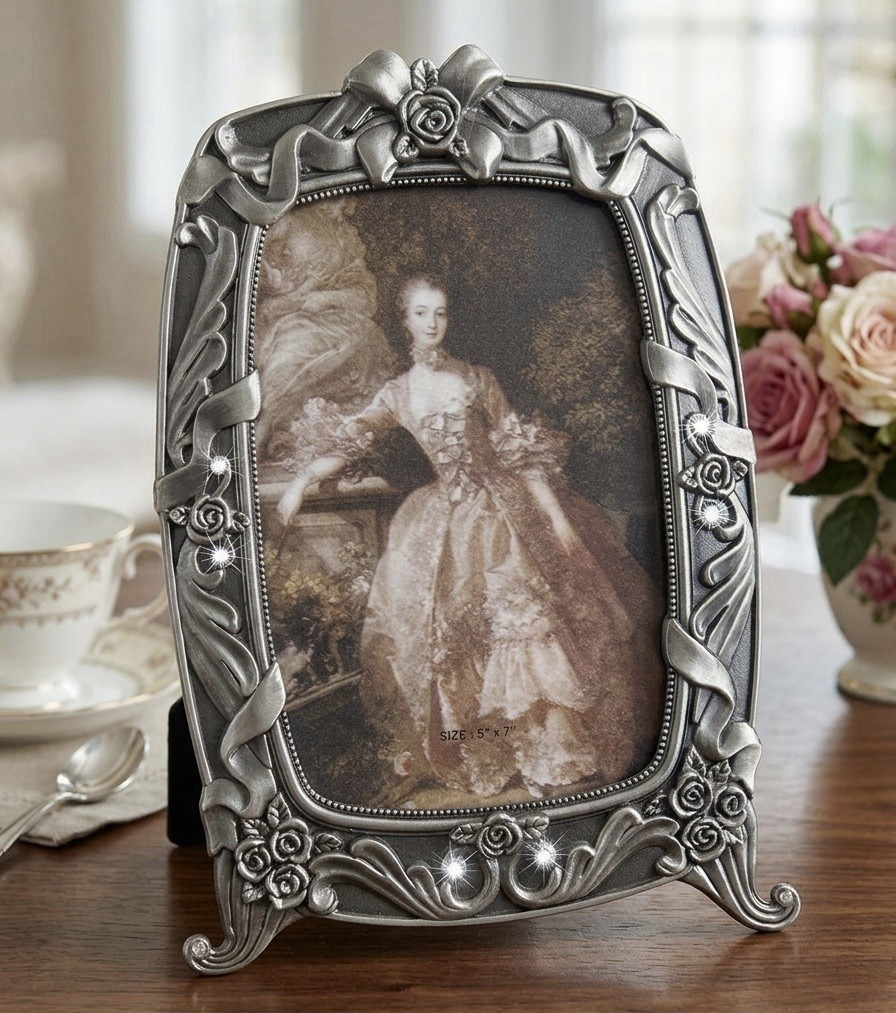Ornate Heavy Pewter Tone 5×7 Picture Frame Floral Rose Crystal Victorian Style