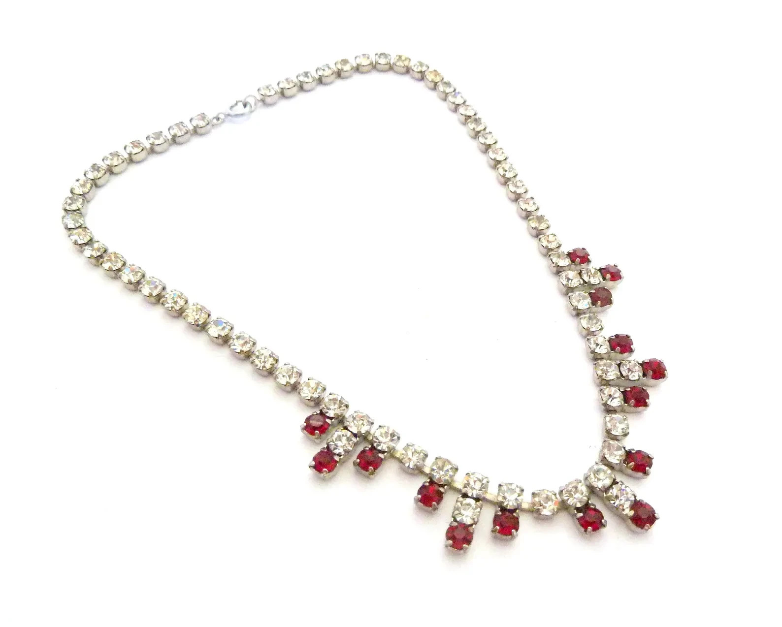 Estate Red Ruby & Diamond 18K White Gold Over Geometric Drop Choker 16″ Necklace