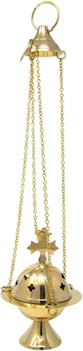 High Polished Brass Cross Design Hanging Church Thurible Censer with Chain, 4 3/