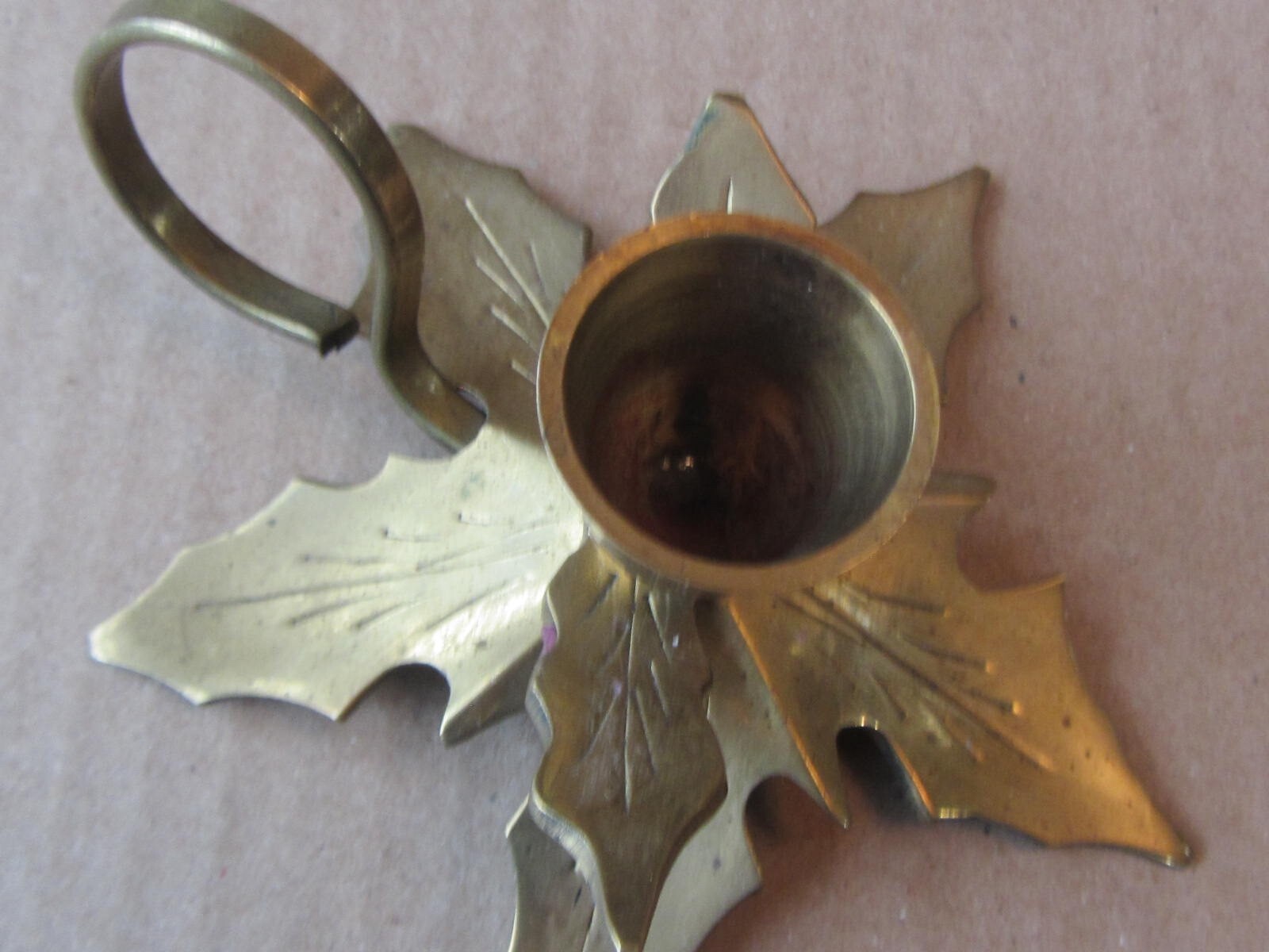 Vintage Solid Brass Handmade Leaf Candle Thumb Holder Archana Candlestick India