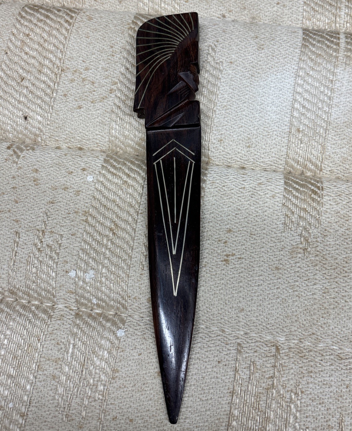 Vintage Central American Rosewood & Brass Inlay Figural Letter Opener