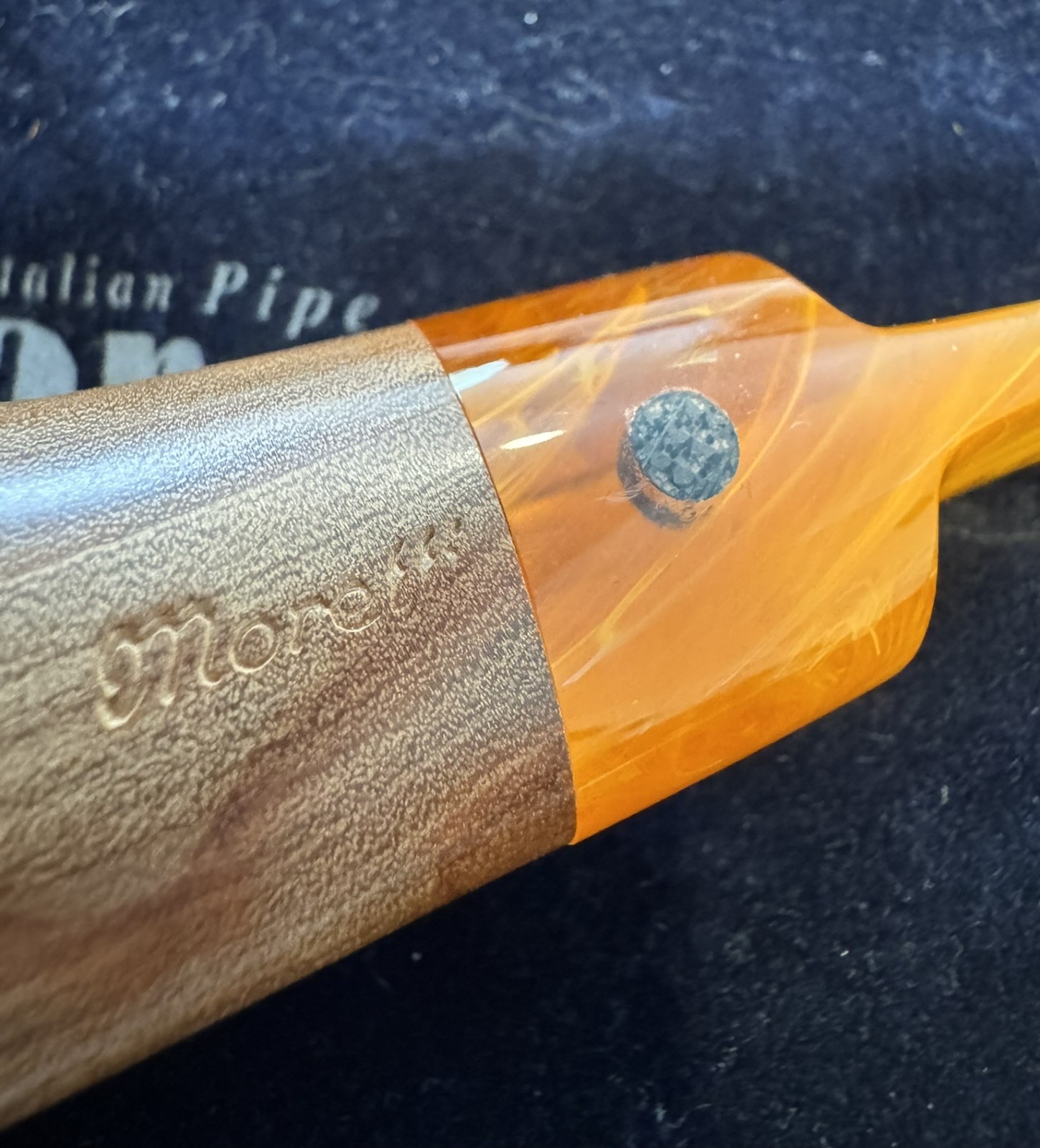 Moretti Bent Freehand Olive Wood Estate Pipe Orange Stem Italy Handmade Pouch