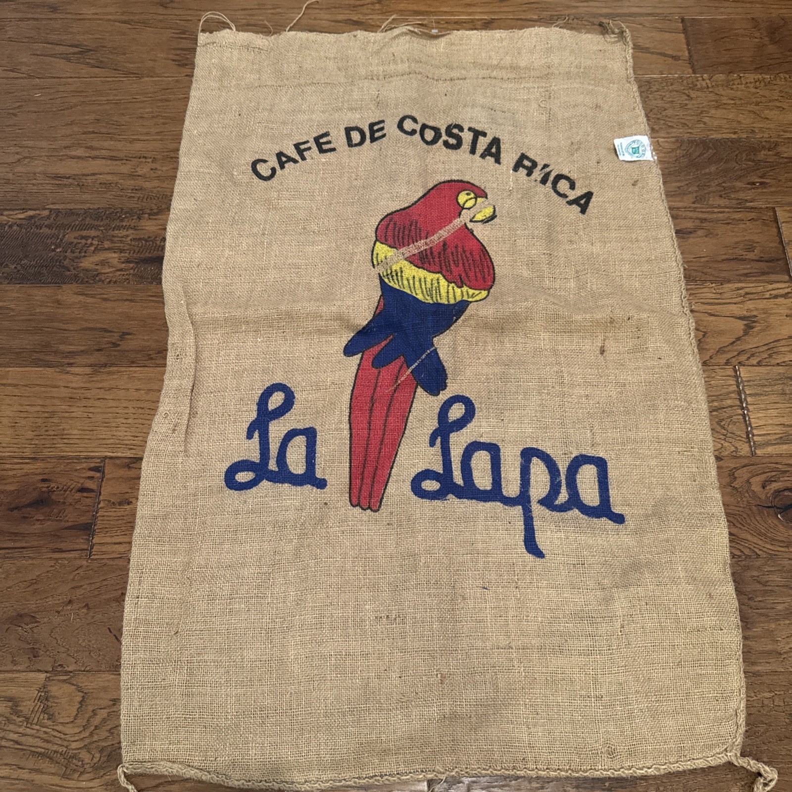Vintage CAFE DE COSTA RICA La Lapa Burlap Coffee Bag/Sack Parrot Graphics 37×27