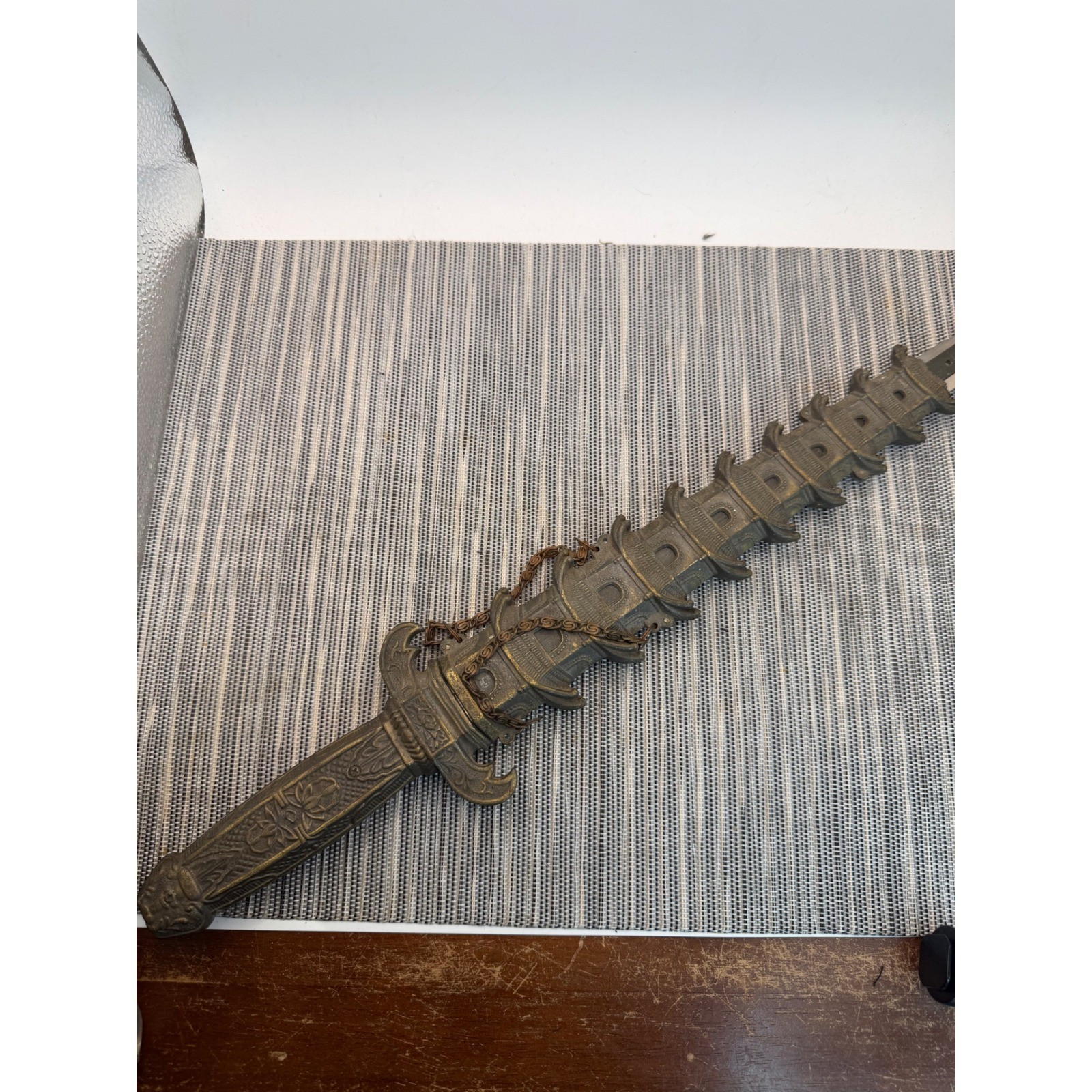 Vintage Chinese Pagoda Dagger 16.5in Stainless Steel Blade Bronze Tone Scabbard