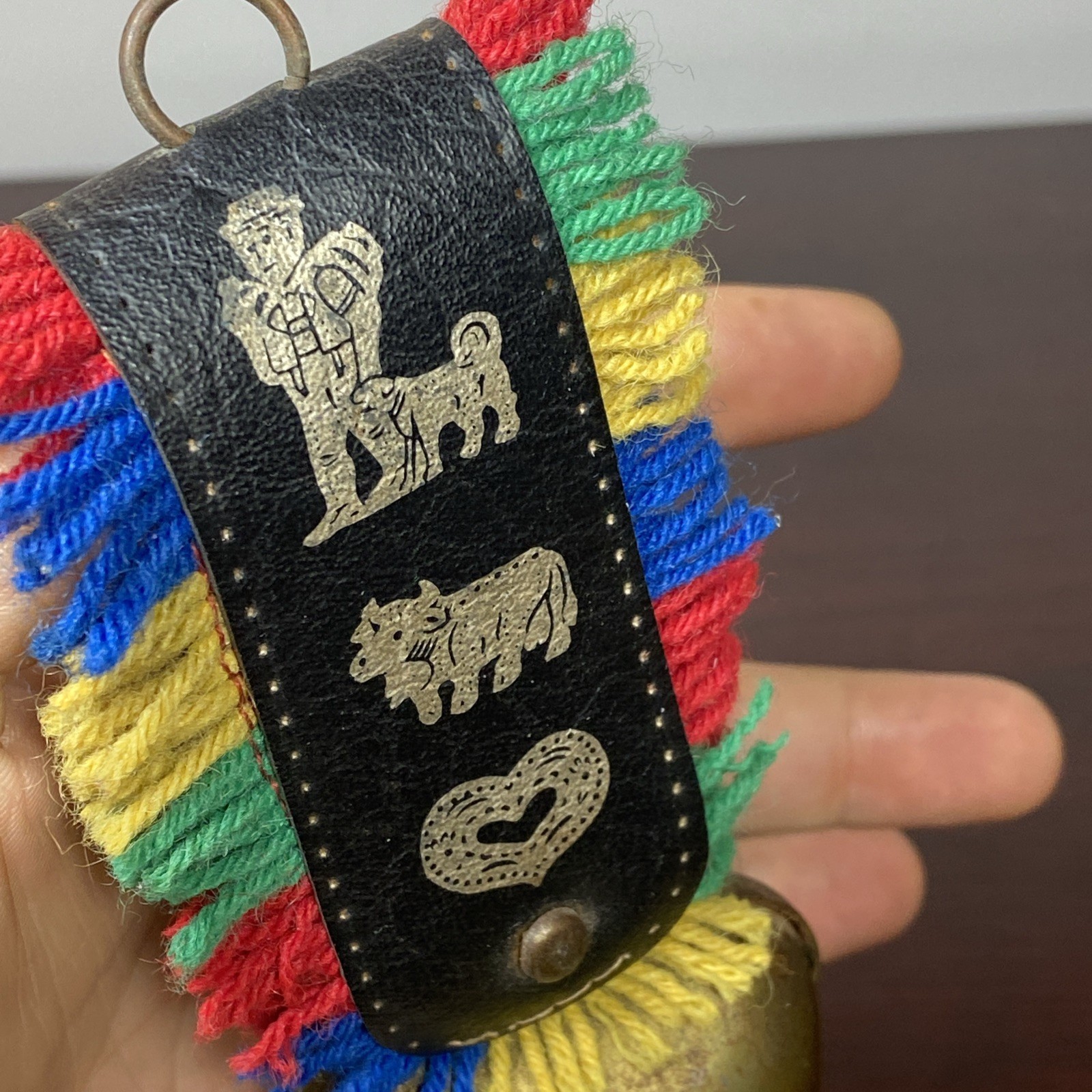Brass Swiss Cow Bell Multi Color Fringed Leather Strap Vtg 6” Cottage Landscape