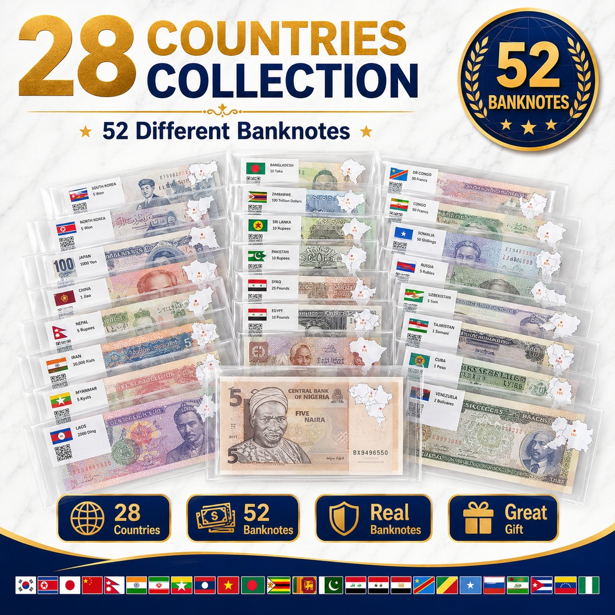 52 Pcs World Banknotes Set Uncirculated Currency Bundle Bonus Pack Gift Lot Set