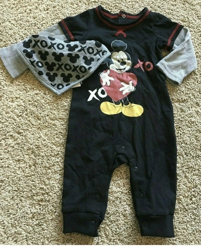 Disney Mickey Mouse 2 Piece XOXO Romper & Bandana Bib Size 3-6 Months NWT