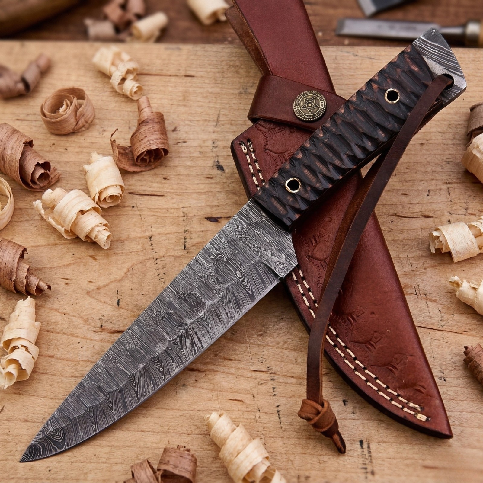 SHARD Damascus Hunting Knife Handmade Full Tang Skinner Wood Handle + Sheath