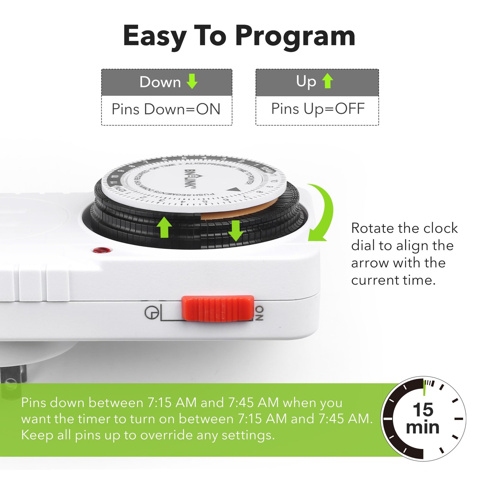 BN-LINK 24 Hour Plug-in Mechanical Timer Grounded for Aquarium, 1 Pack, White