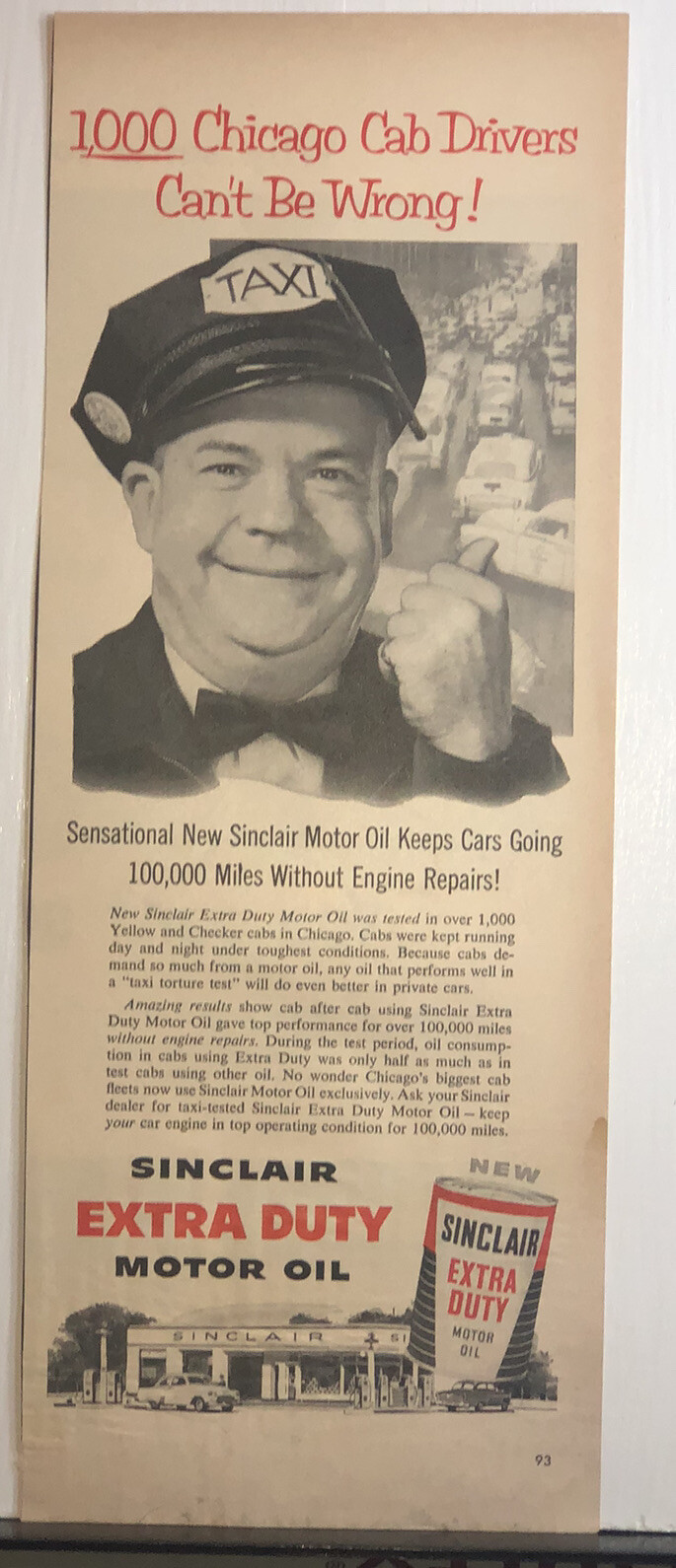1954 Sinclair Dealer Gasoline Oil Ad 1000 Chicago Cab Drivers Can’t be Wrong