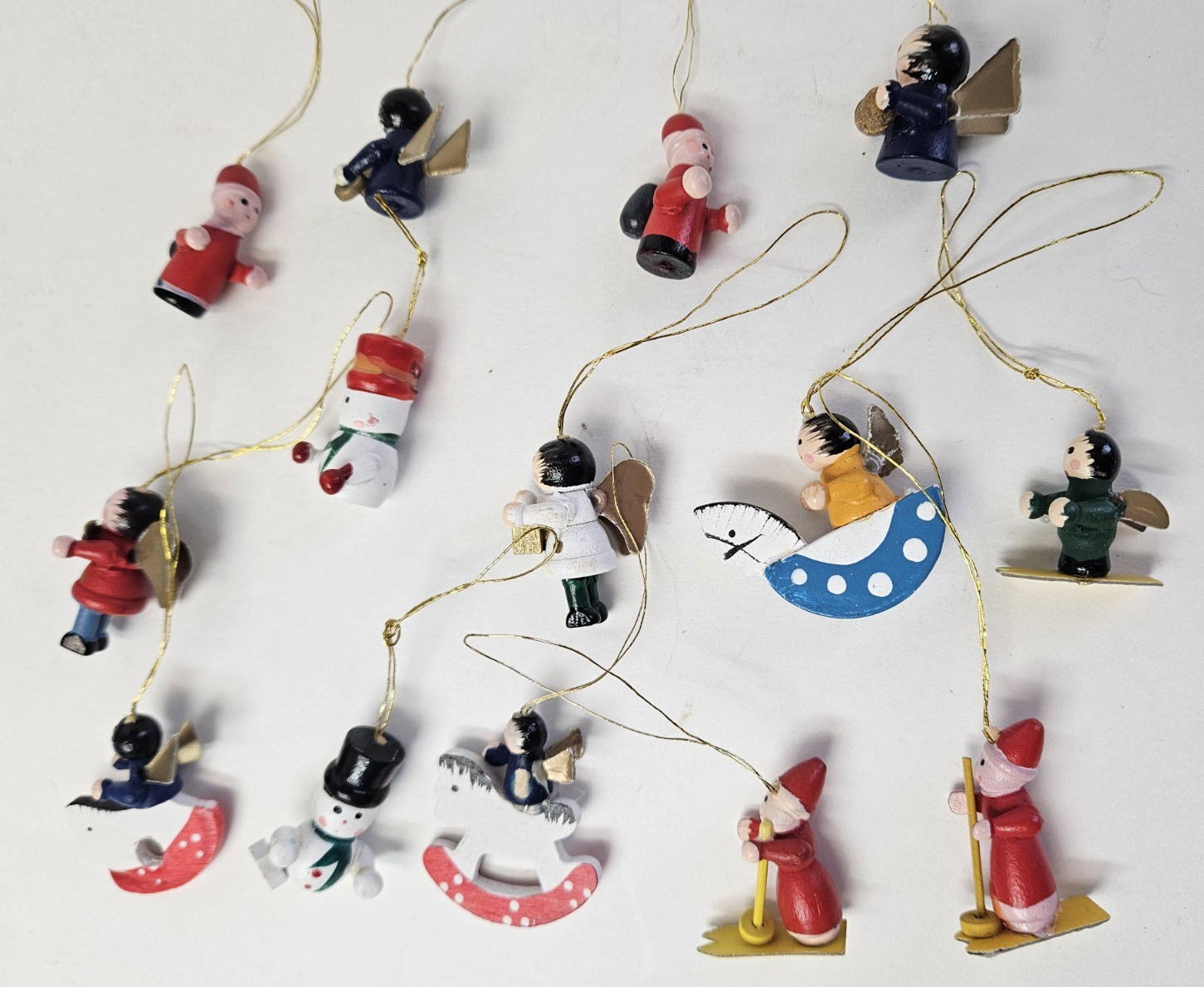 Miniature Lot 14 Wooden Xmas Ornaments Angels Snowman Handpainted